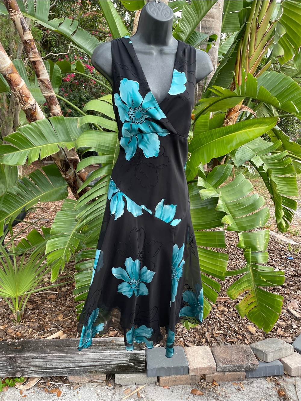 dark floral drop waist burn out velvet handkerchief hem mid dress